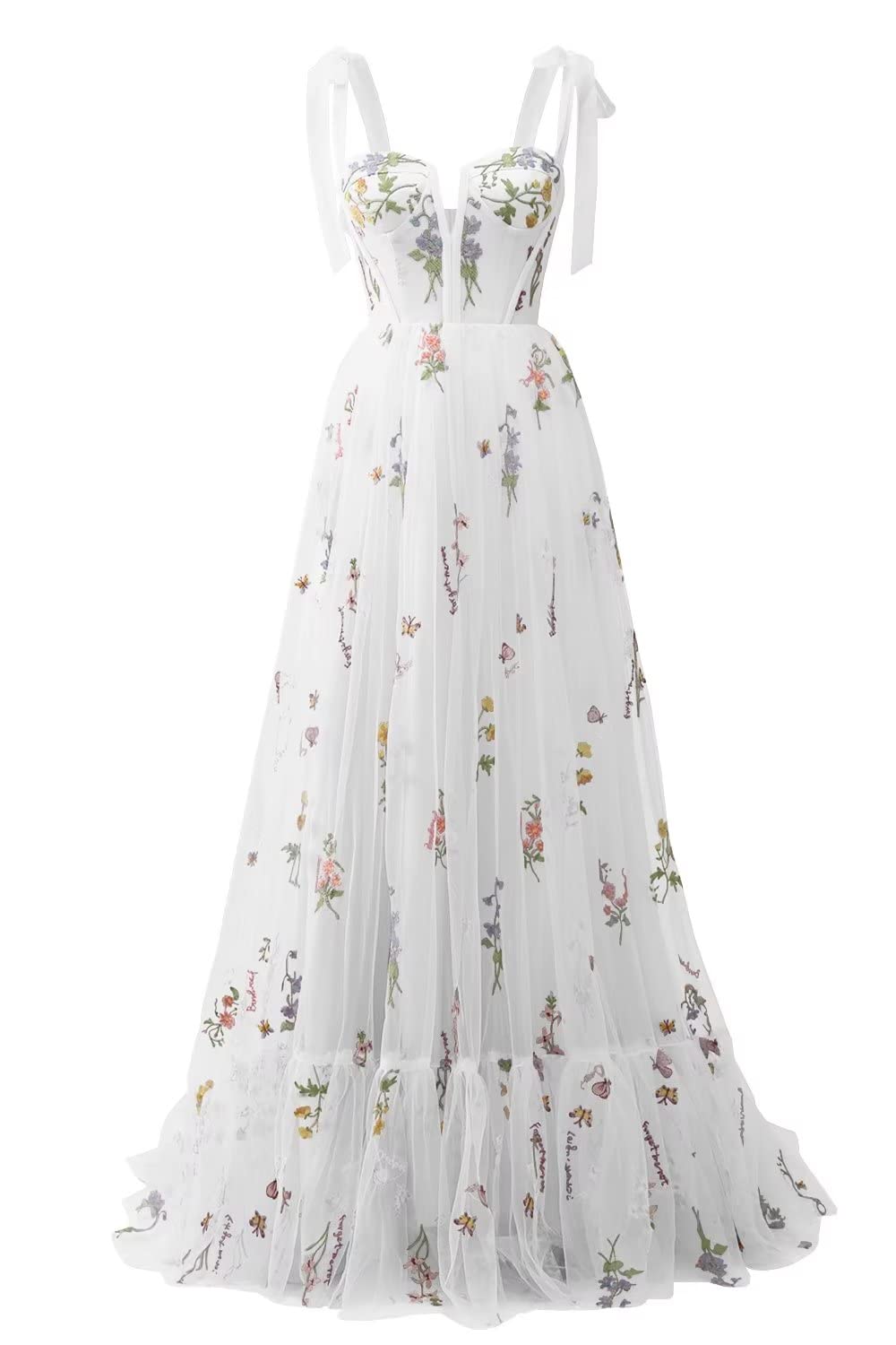 Women's Prom Dresses Sweetheart Spaghetti Strap Flower Embroidery Tulle Floor Length Formal Evening Party Dresses