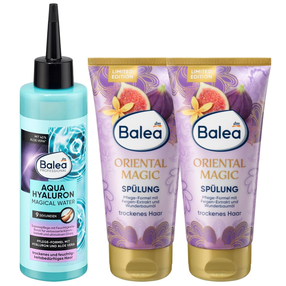 Balea 3er-Set-Haarpflege: Professional Magical Water AQUA HYALURON  Extra-Feuchtigkeit mit 40% Aloe Vera, verbessert Kmmbarkeit, verleiht  Glanz, 200 ml + Splung ORIENTAL MAGIC, 2 x 200 ml (600 ml) : Amazon.de:  Kosmetik