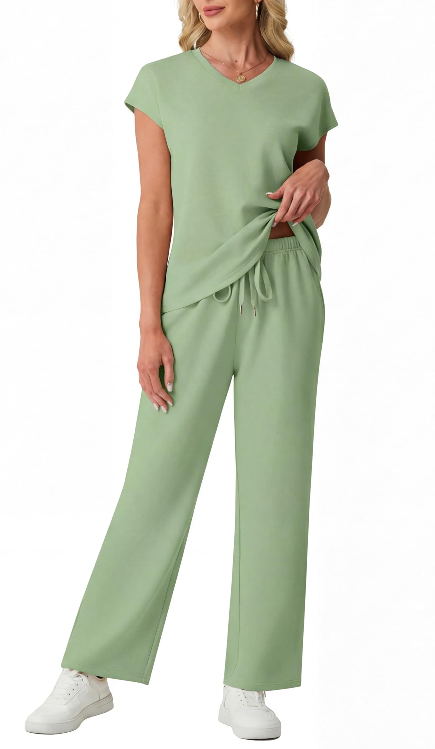GRECERELLE Conjunto completo de chándal para mujer, de manga corta, de verano, para descansar, conjunto de dos piezas, casual, cuello redondo, tops y pantalones deportivos para gimnasio con bolsillos