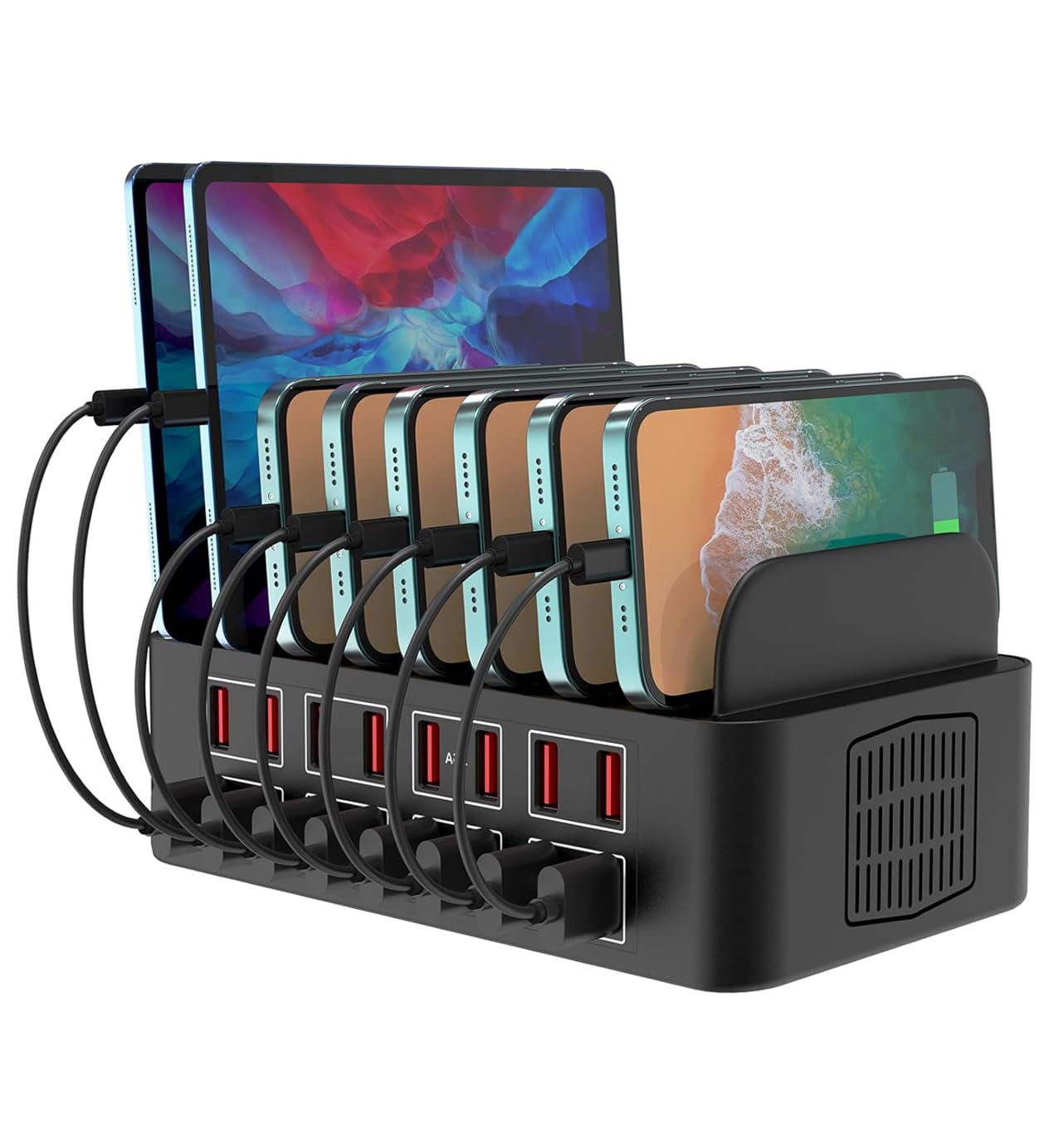 Qvouaw Multi Charging Station,150W 3.5A 16-Port USB Charger for Multiple Device with SmartIC Tech and Adjustable Dividers, Qvouaw Stand Compatible with iPad, Tablet, Kindle,Charging 16 iPads