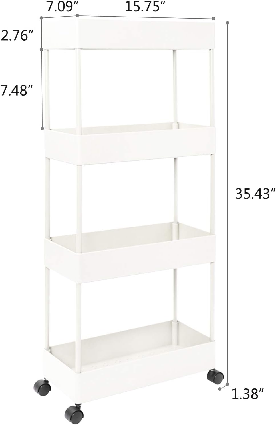 JAKAGO 4-Tier Utility Rolling Storage Cart Slim Mobile Shelves on Wheels Multi-Function Trolley with Mesh Basket Storage Organizer Rack for Kitchen Pantry Bathroom Laundry (White)