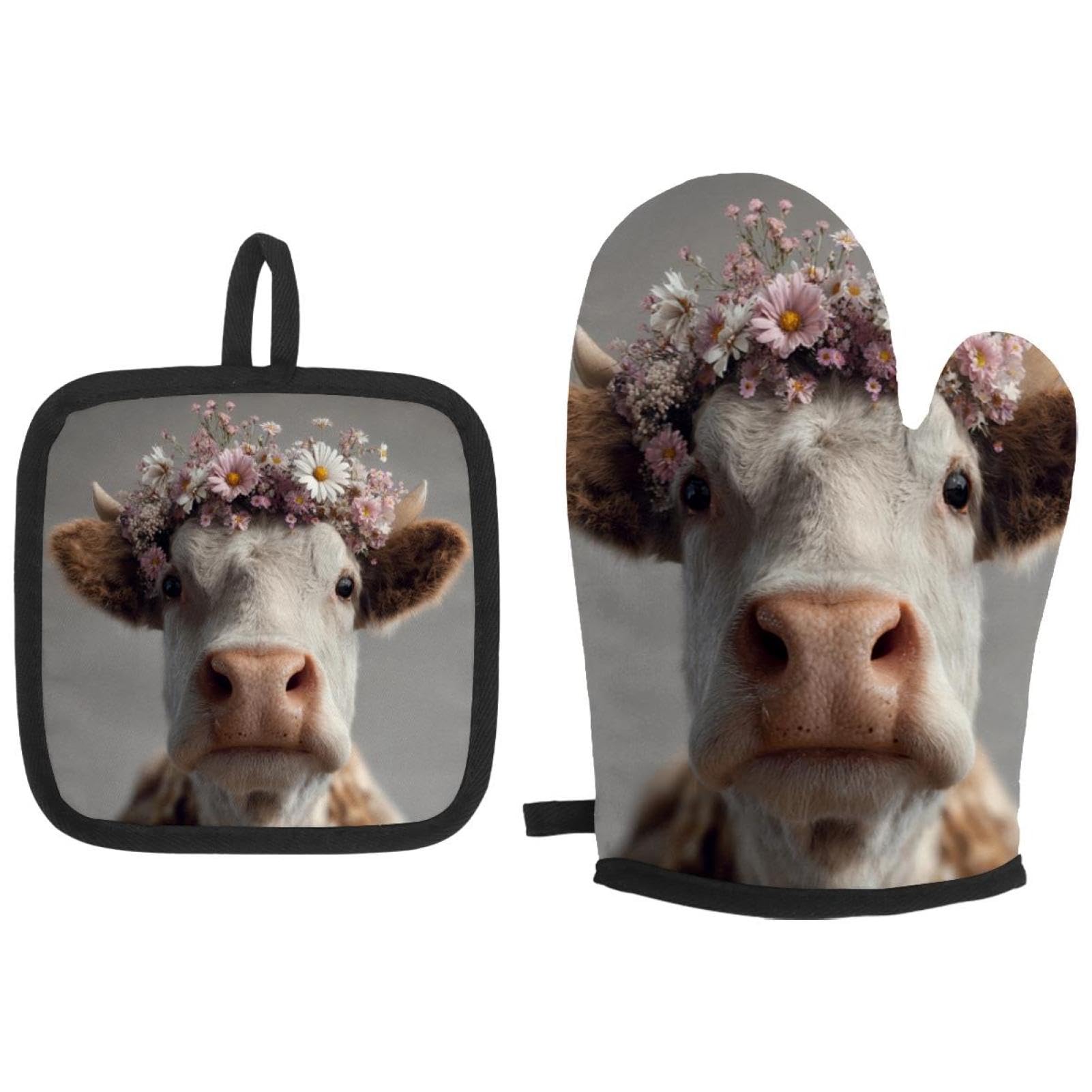 Lot de 2 maniques vache et fleurs anti-chaleur pour cuisine