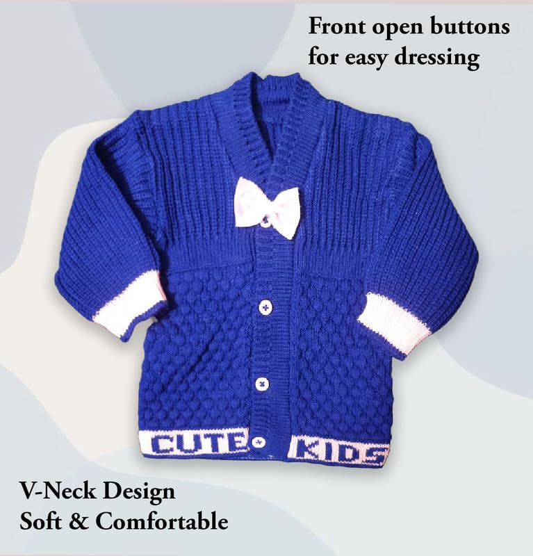 Image of Baby Unisex New Born Baby Boys Girls Soft Comfortable Trendy Woolen Round Neck Stripe Sweater Set with Payjami, Cap and Pair of Booties for Toddlers