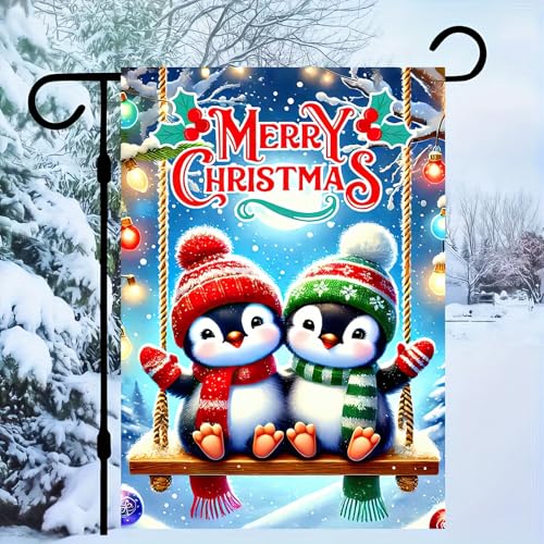 Image of BlissYard Christmas Penguin Garden Flag 12x18 Inch Polyester | Double sided polyester, Christmas penguin couple snowflakes design, winter home decor for holiday porch and yard