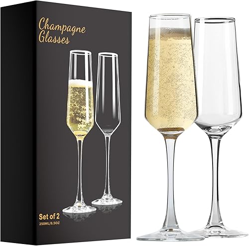 PARACITY Copas de champán, juego de 2 copas de champán, elegantes copas de champán de 8.5 onzas, regalo para cumpleaños, bodas, Navidad, copas de