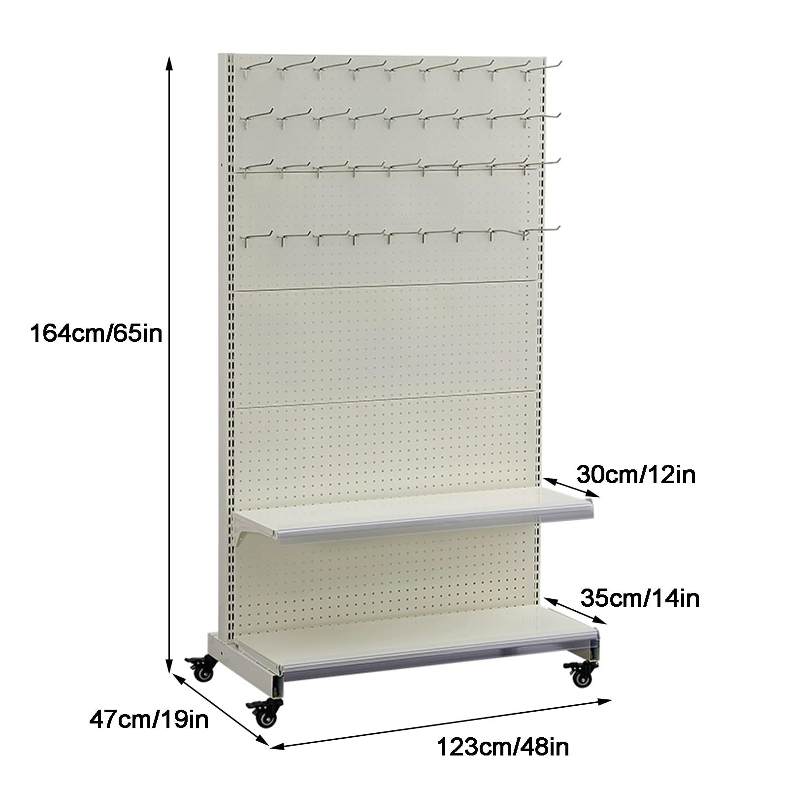 Werkzeugwand Metall Lochwand mit 30 Haken, Ablagen und Universalrollen, Freistehende, Bewegliche Stehende Stecktafel-Display(123 * 164cm/48 * 65in)