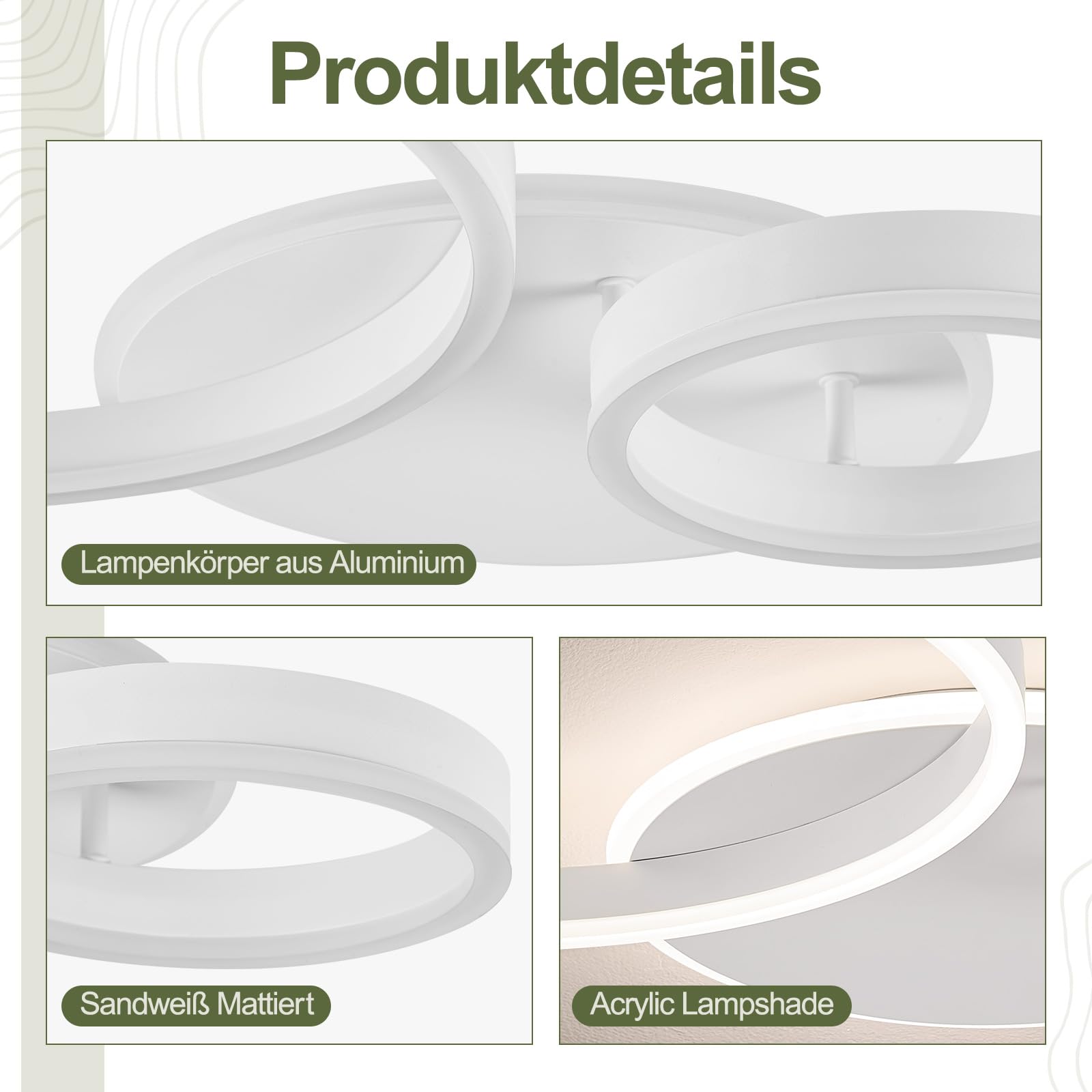 Qamra 64cm LED Deckenlampe,2 Ringe Design 60W,4000K Neutralweiß,Moderne Weiße Deckenleuchte aus Metall und Acryl für Wohnzimmer,Schlafzimmer,Esszimmer,Büro