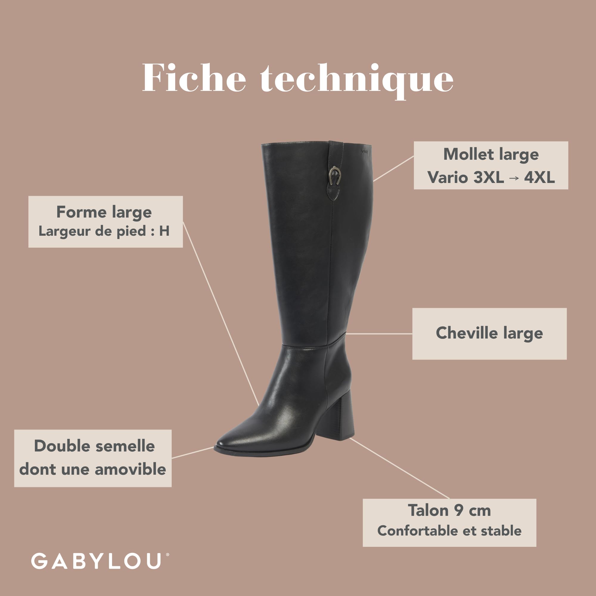 GABYLOU - Botas para mujer, pantorrillas anchas, 3XL, tacón 9 cm, Aneta
