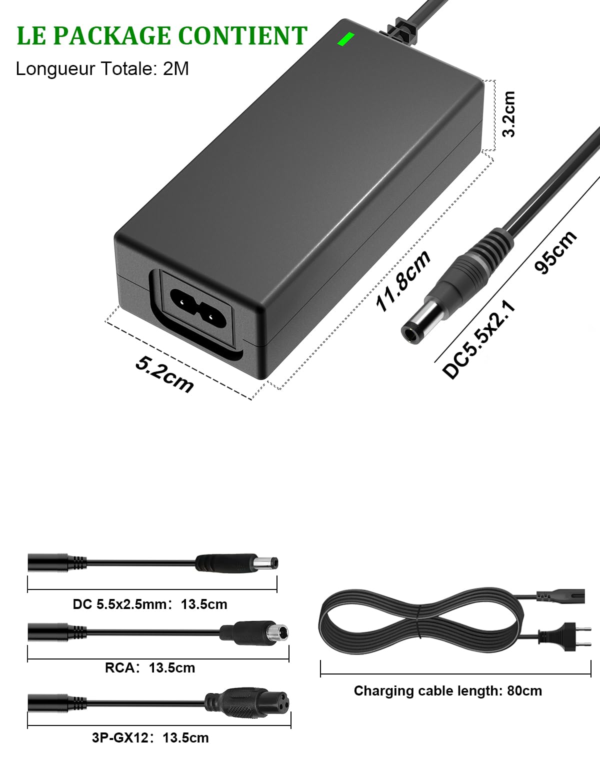 Chargeur Trotinette Electrique, 42V 2A Chargeur Hoverboard 36V Trottinette Batterie avec 4 Connecteurs pour Hoverboard, Scooter Électrique, Planche à Dérive, Xiaomi M365/Pro 2