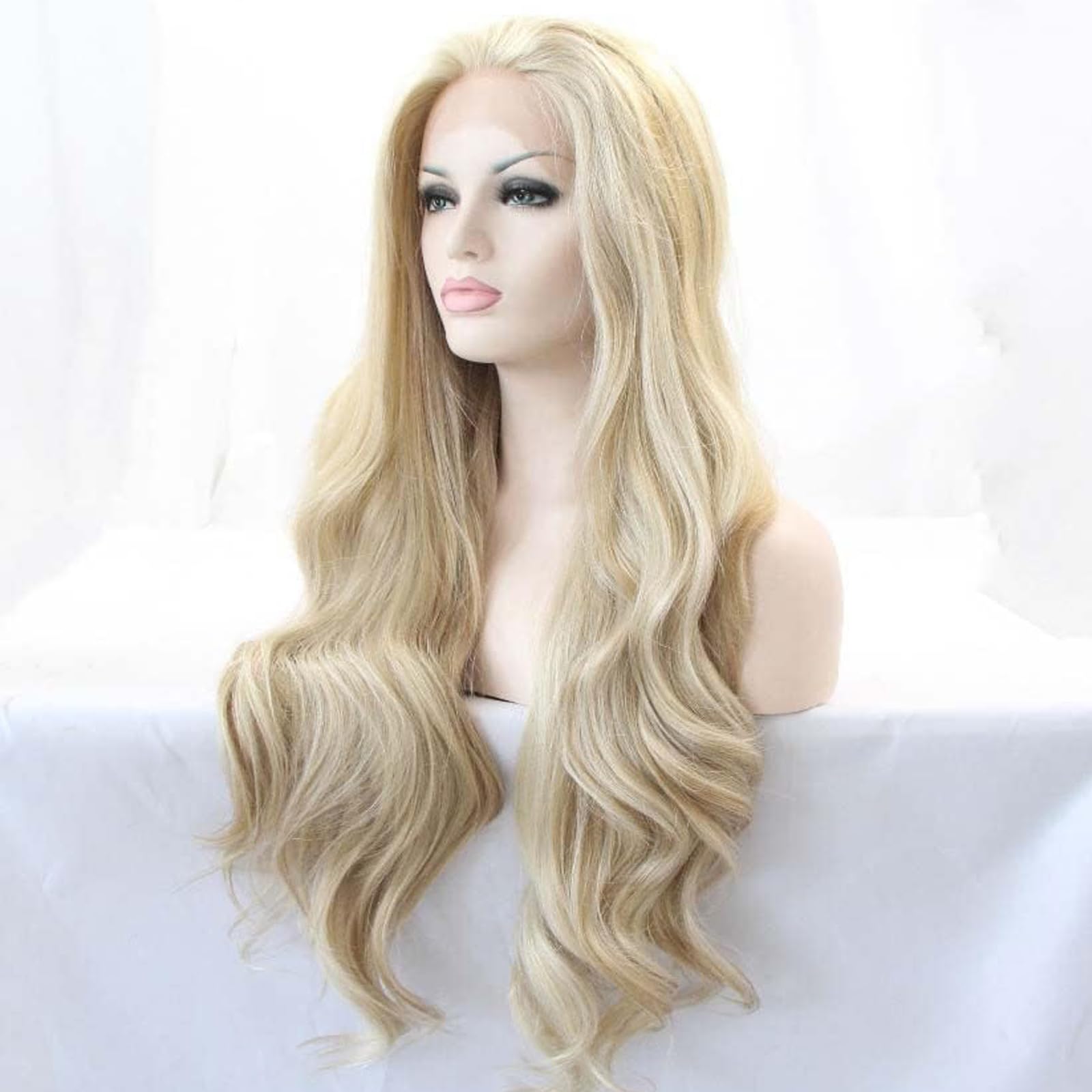 Highlight Blonde Lace Front Wigs for Women Drag Real Hair Curly Wig Long Body Wave Heat Resistant Afro Wig Synthetic 26 Inch Lace Front Glueless Lace Wigs Drag Queen Cosplay Daily Wear - Image 3