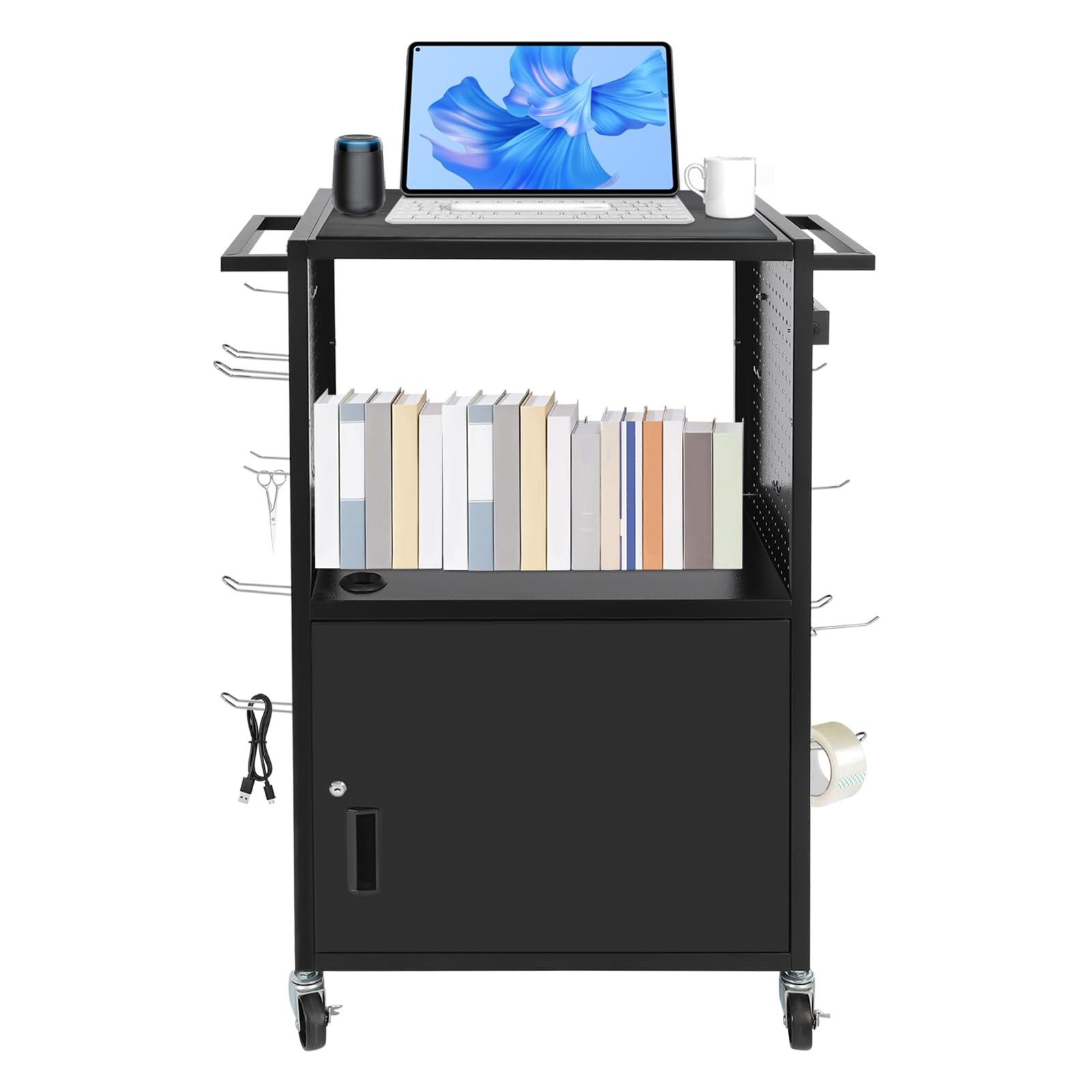 3 Tiers Computer Cart with Power Strip and 12 Hooks, Locking Cabinet with Cable Management Hole, Mobile Workstation with Locking Wheels, Laptop Cart for Placing Electronic Devices