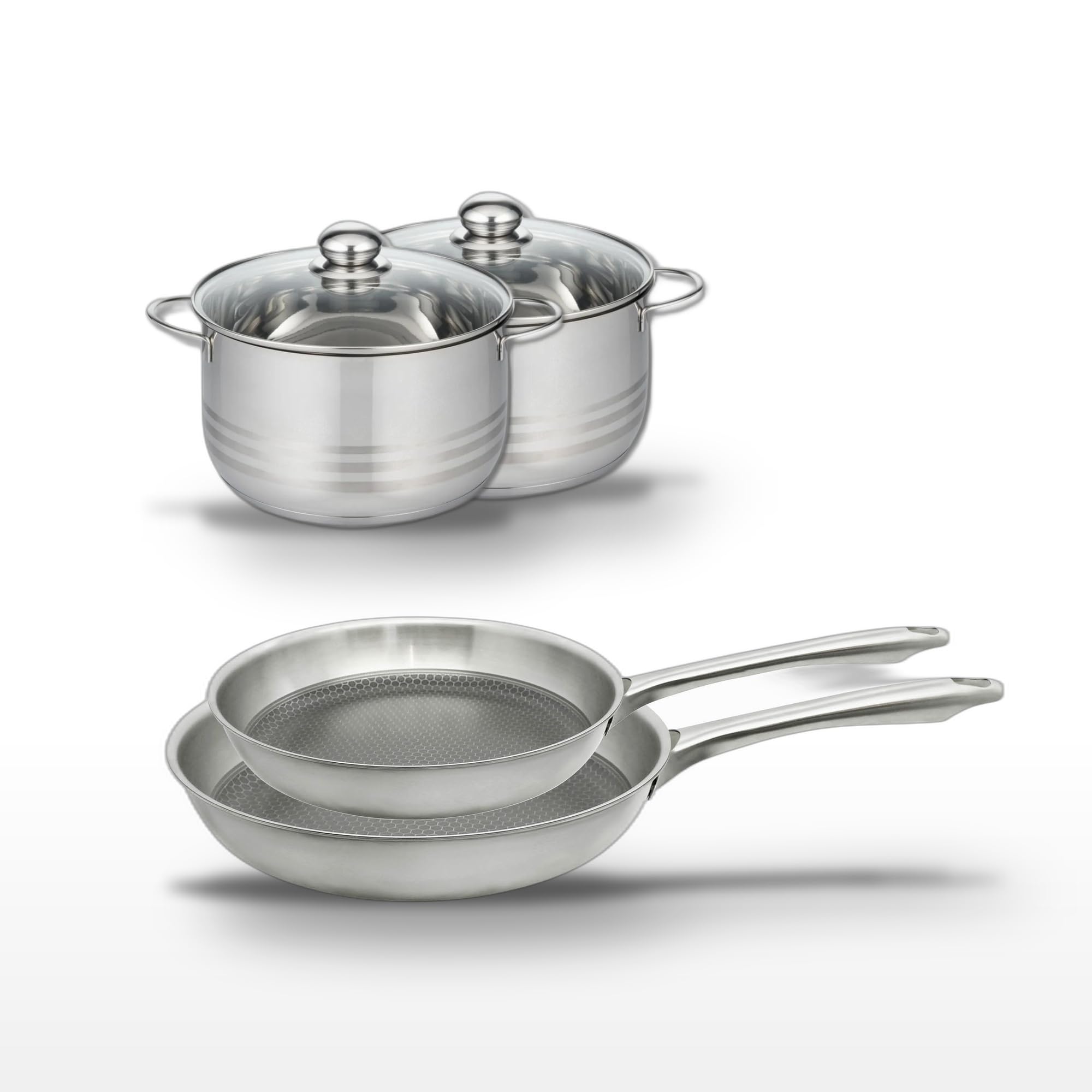 Elo Batterie de cuisine 2 poêles 24/28 cm et 2 faitouts 20/24 cm | Cuisson homogène, Lot complet pour équiper la cuisine, 2 poêles 24 28 cm, 2 faitouts 20 24 cm, Inox et Elodur