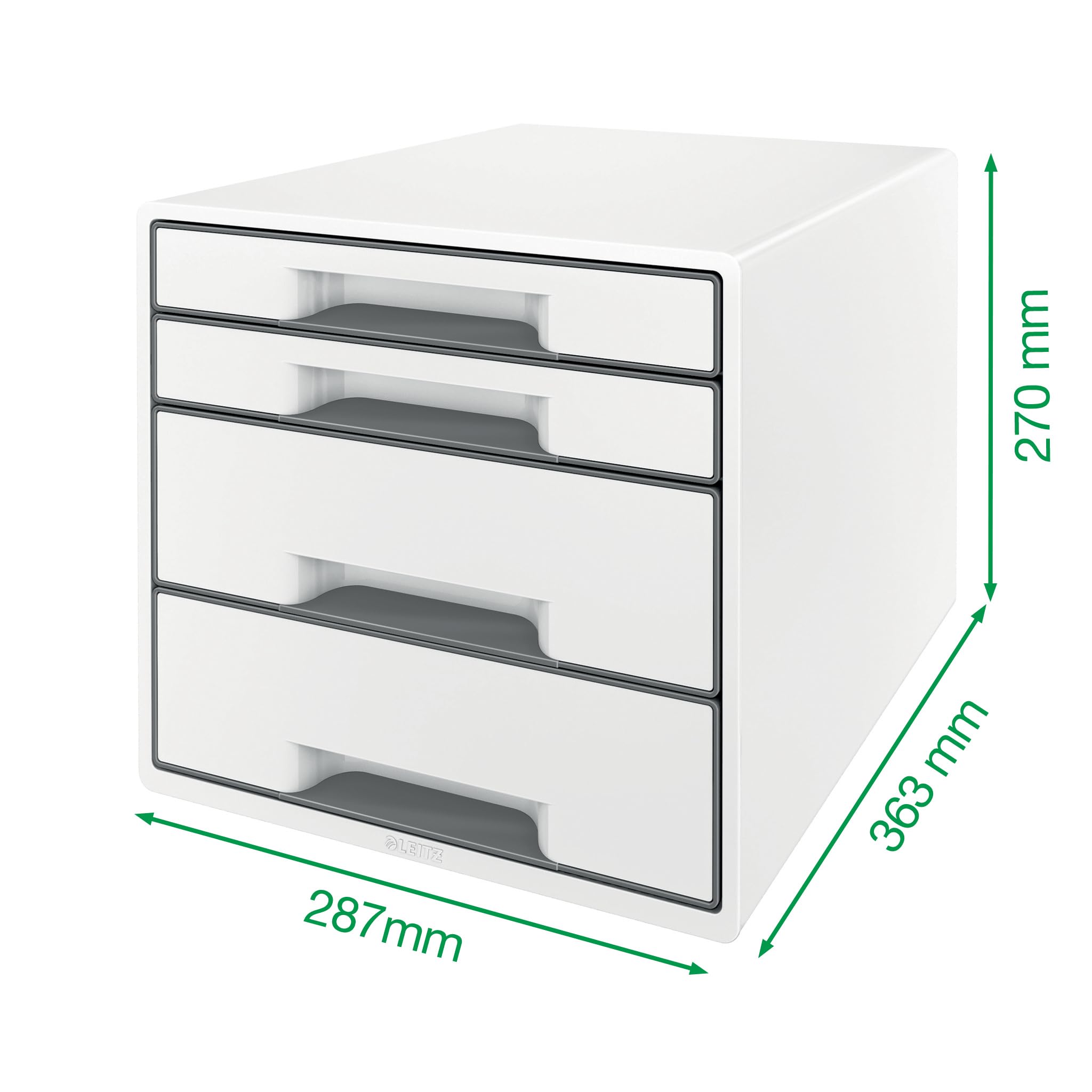 Leitz CUBE Schubladenbox mit 4 Schubladen, Weiß/Grün, A4, Inkl. transparentem Schubladeneinsatz, WOW, 52132054