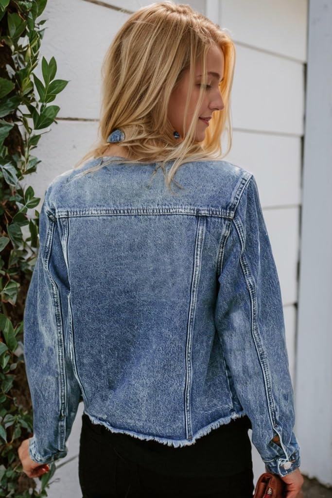 Kedera Womens Denim Jacket Distressed Frayed Ripped Jean Jacket Casual Button Down Light Jackets with Pockets - Image 2