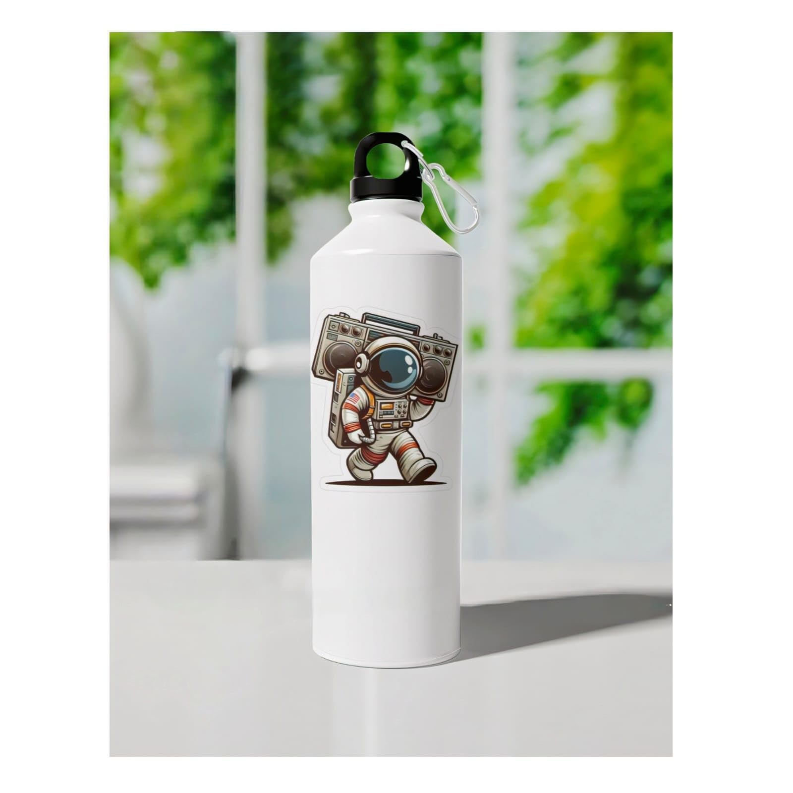 Water Bottle, 750 ml (Astronaut holding Boombox Design) Leak-Proof Sports Bottle with Carabiner, White-image-15