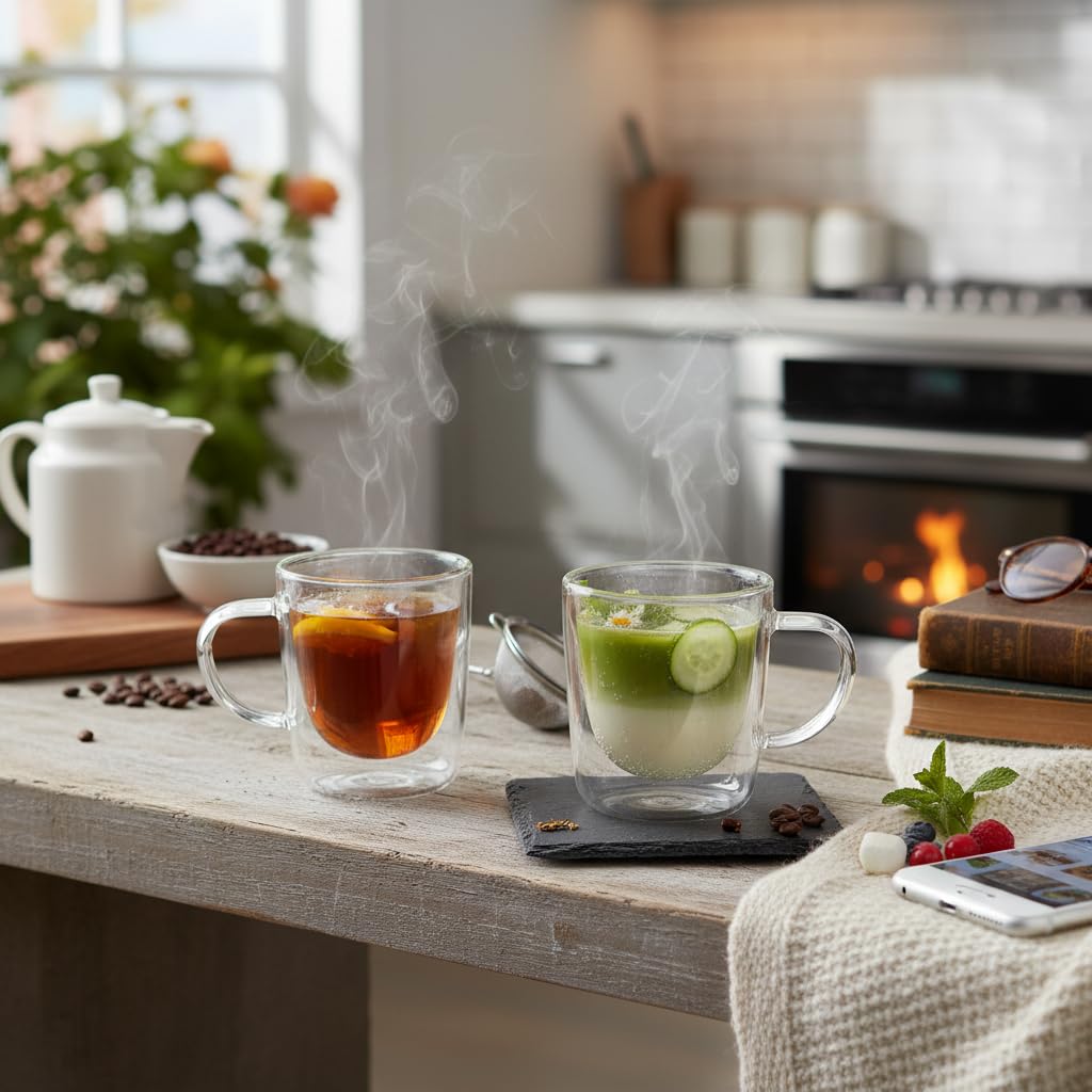 Deconox 2'li Çift Cidarlı Kulplu Cam Fincan Seti - 100 ml Isıya Dayanıklı Espresso ve Türk Kahvesi Bardağı - El Yakmayan Modern Tasarım (2 Adet)