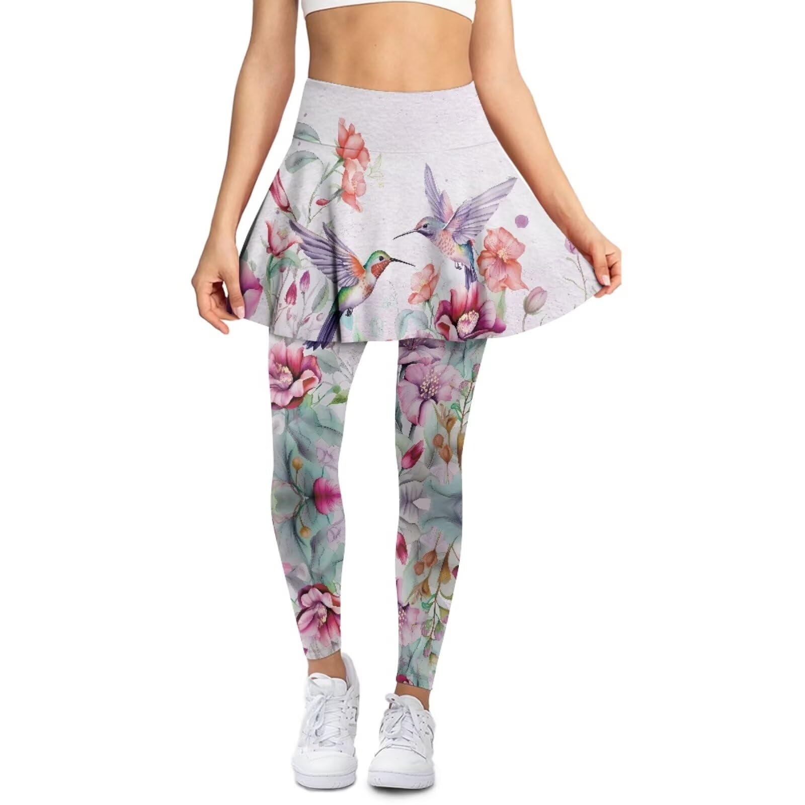 Hinthetall Floral Hummingbird Women's Skirted Leggings Pleated Tennis Skirt Tummy Control Athletic Tennis Skirt Sport Yoga Running Golf Skorts Activewear Skirt Pants Set for Women