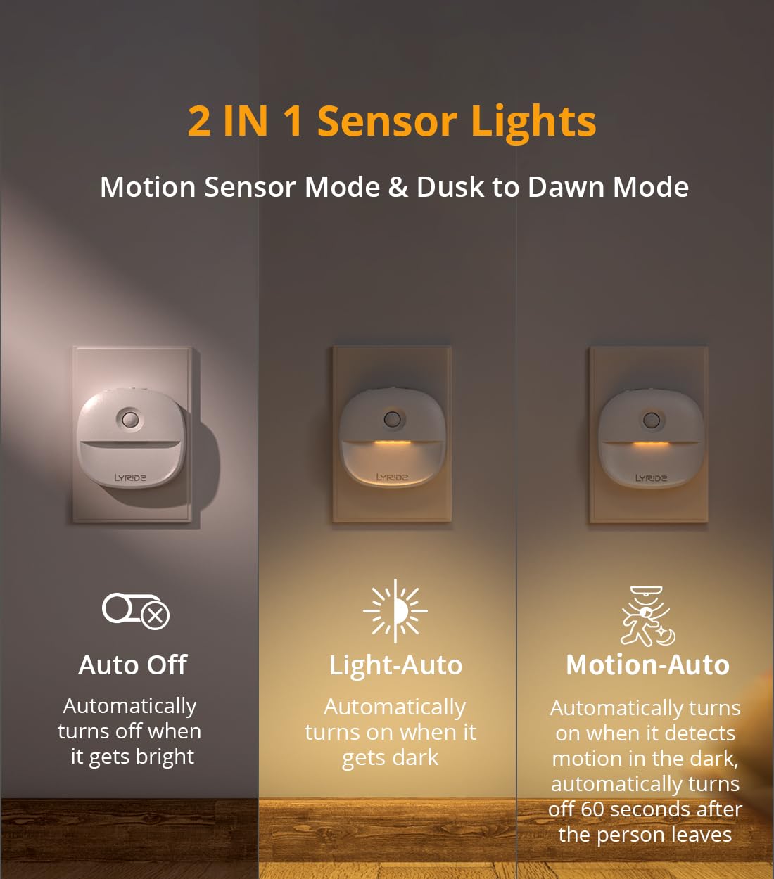 Motion Sensor Night Light - Night Light Plug in with Dusk-to-Dawn Sensor 3 Modes Ideal for Bedroom, Hallway, Kitchen, Stair, Compact Size 4 Pack