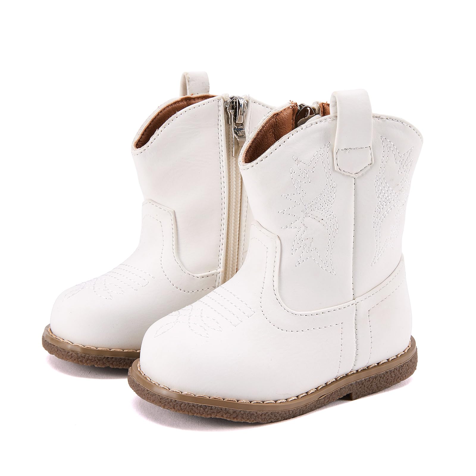 BMCiTYBM Baby Cowboy Cowgirl Boots Infant Western Boots Toddler Boys Girls Round Toe Riding Mid Calf Boots All Seasons for 6 9 12 18 24 Months White Size 4 Toddler