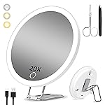 Suupvaor 20X Magnifying Mirror w/ LightLighted Magnifying Mirror w/ 3 Suction Cups & 360 StandRechargeable 3 Colors Dimming Vanity Mirror6inch Large Tabletop Makeup Mirror w/ Tweezers & Scissors