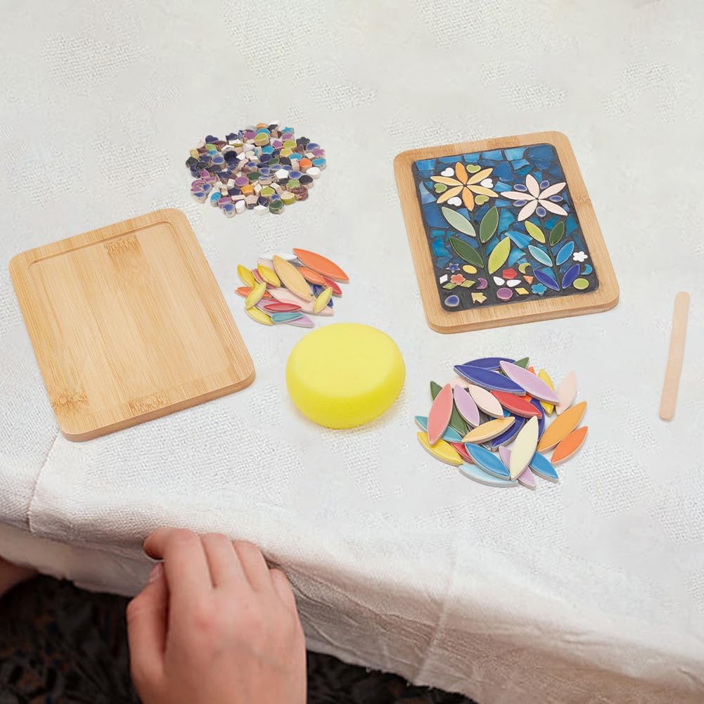 WEBEEDY DIY Mosaic Craft Kit Mixed Color Tree Leaves Ceramic Mosaic Tiles Mosaic Bamboo Coasters Kits for Adults Beginner, with Rectangle Coaster Base for Handmade Mosaic Coaster Home Decor