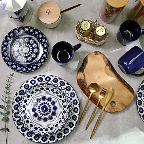 16 Pieces Dinnerware Set, Stoneware, Plates And Bowls Sets, Service For 4, Porcelain, Decorated Mod Dot Blue, Microwave Dishwasher Safe, Chip Resistant, For Everyday Casual Kitchen And Formal Dinner #TOP4