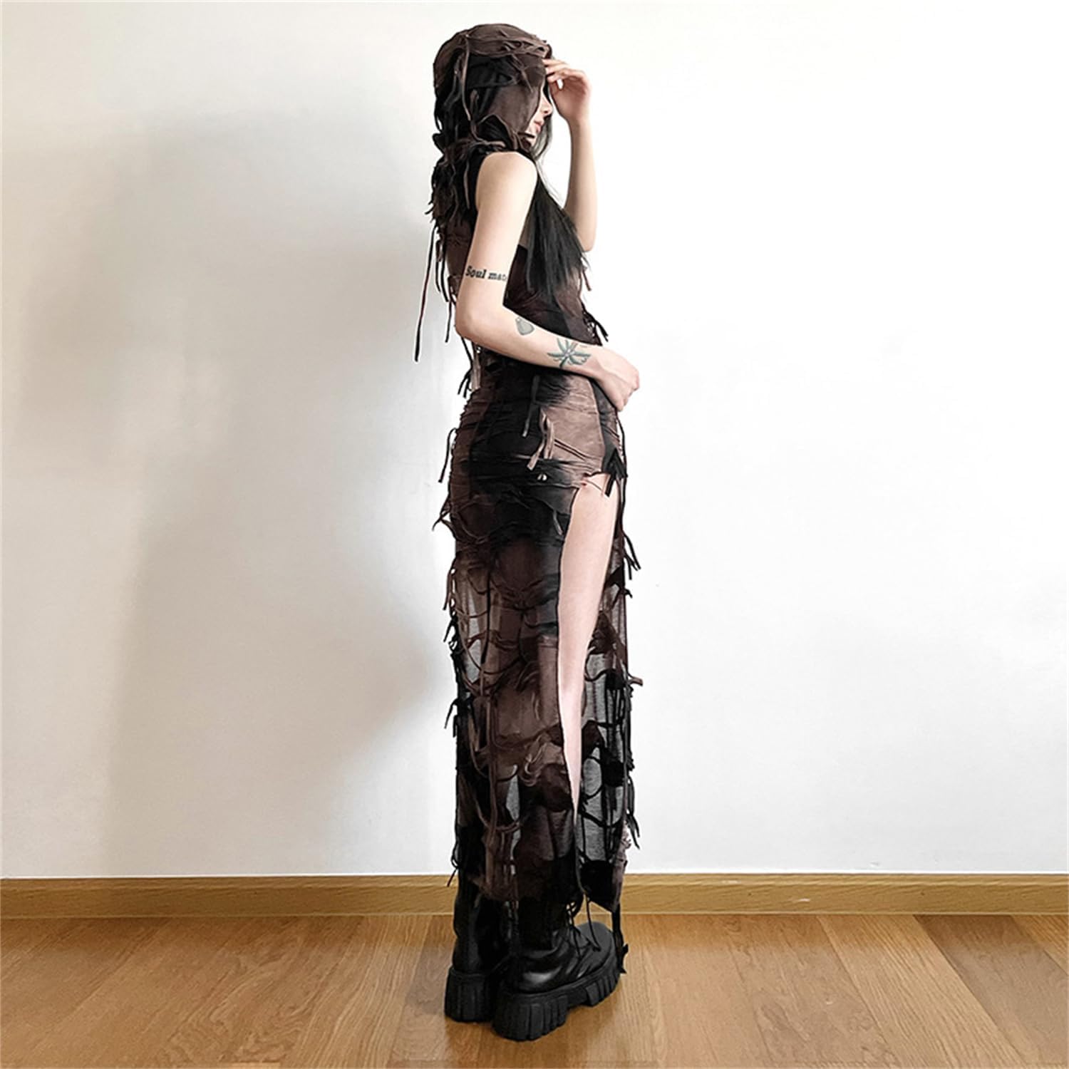 Cyber Goth Desert Walker Hooded Dresses Y2k Punk Grunge Hollow Out Midi Dress Women Sexy Split Side Solid Streetwear - Image 4