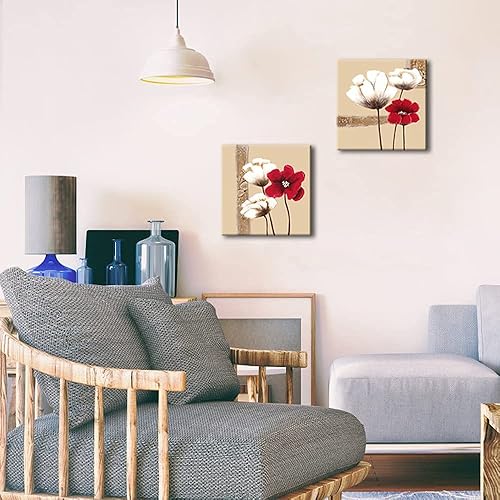 Miniatura 8 de Wieco Art Lienzo de flores rojas y blancas, arte de pared, pinturas al óleo abstractas florales, imágenes de estilo para sala de estar, dormitorio,