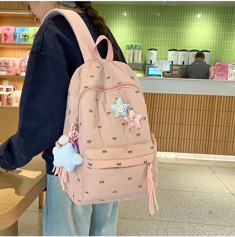 Women's Quilted Cute Aesthetic Backpack Bow Print Lightweight Puffer Laptop Book Bag for College Travel Daypack (Pink) - Image 2