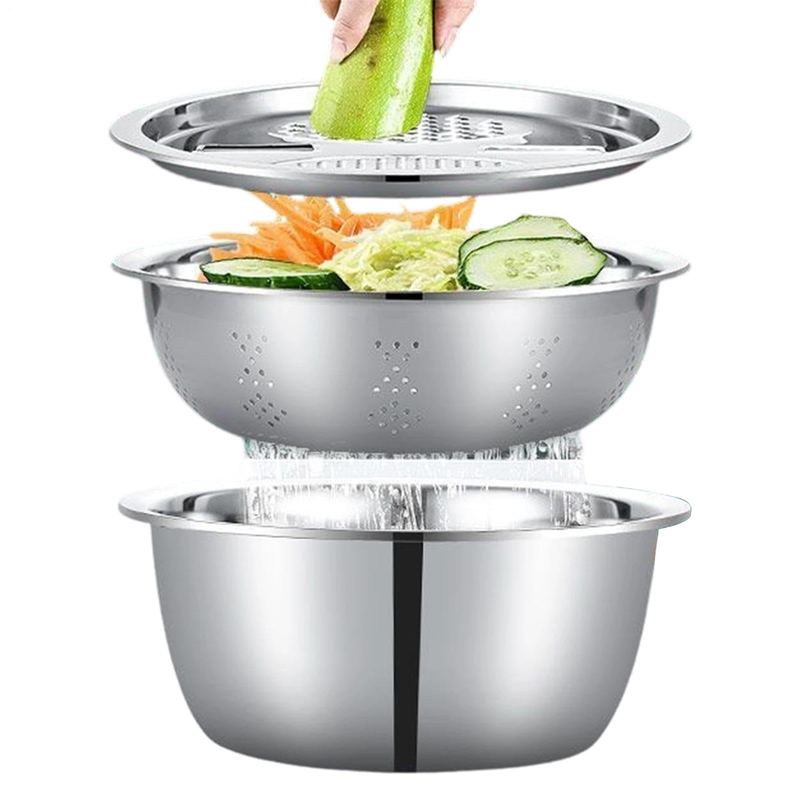 3-in 1 Stainless Steel Mixing Bowl Set with Colander & Grater Lid - Multifunctional Salad Maker Basin | Nesting Vegetable Slicer Strainer Basket for Baking Prep, Dough Kneading & Food Storage