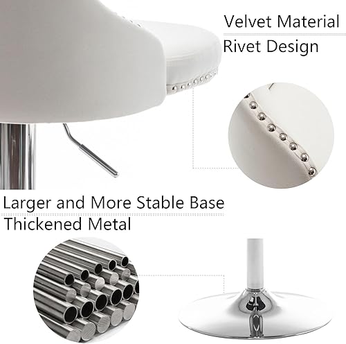 Miniatura 5 de Juego de 4 taburetes de bar de terciopelo, taburetes de bar giratorios de altura de mostrador con ribete de cabezas de clavos y botón, taburetes de