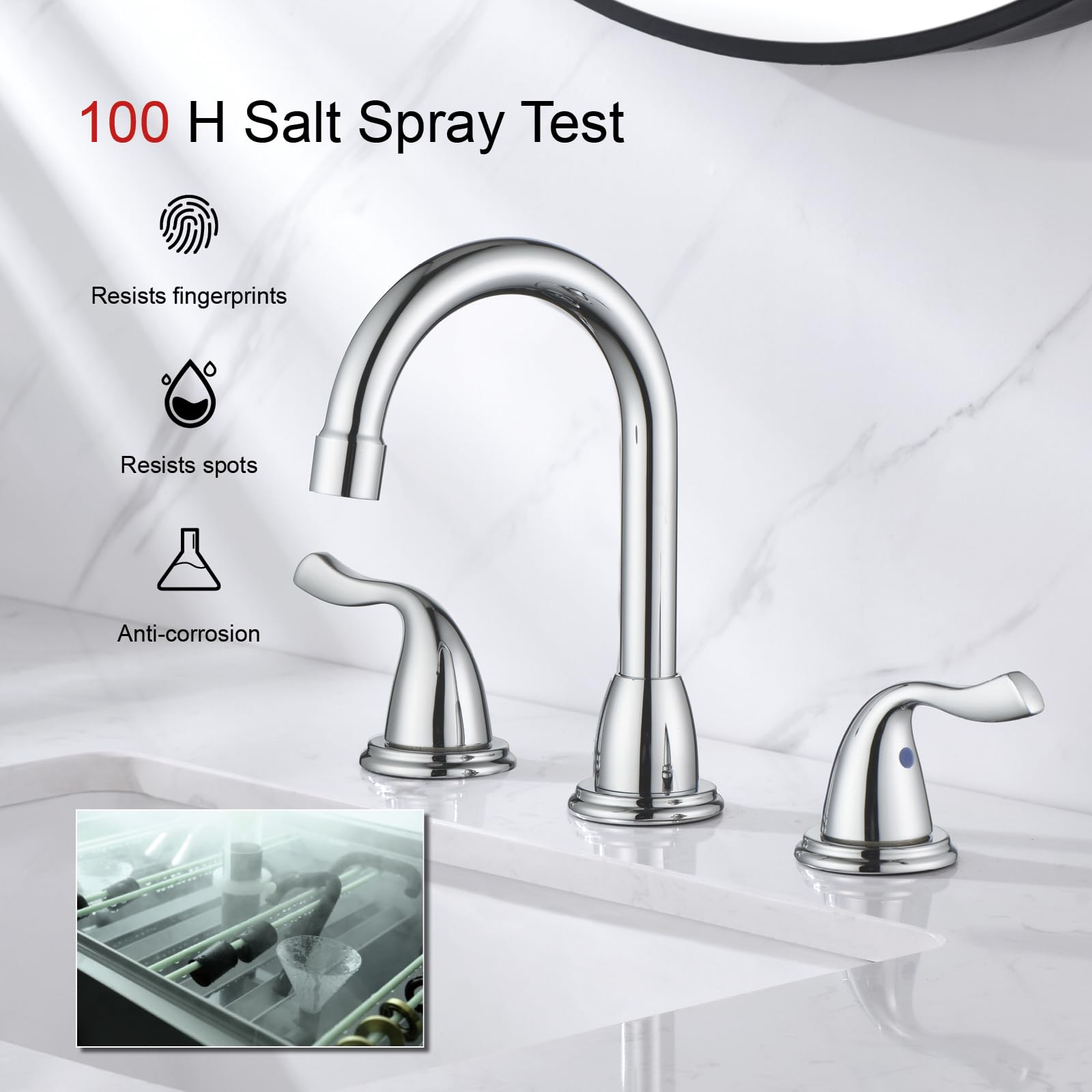 RKF RKF03011 - Grifos de baño para fregadero de 3 agujeros cromados pulidos de 8 pulgadas con desagüe de doble palanca, grifo mezclador de lavabo con manguera y cubierta