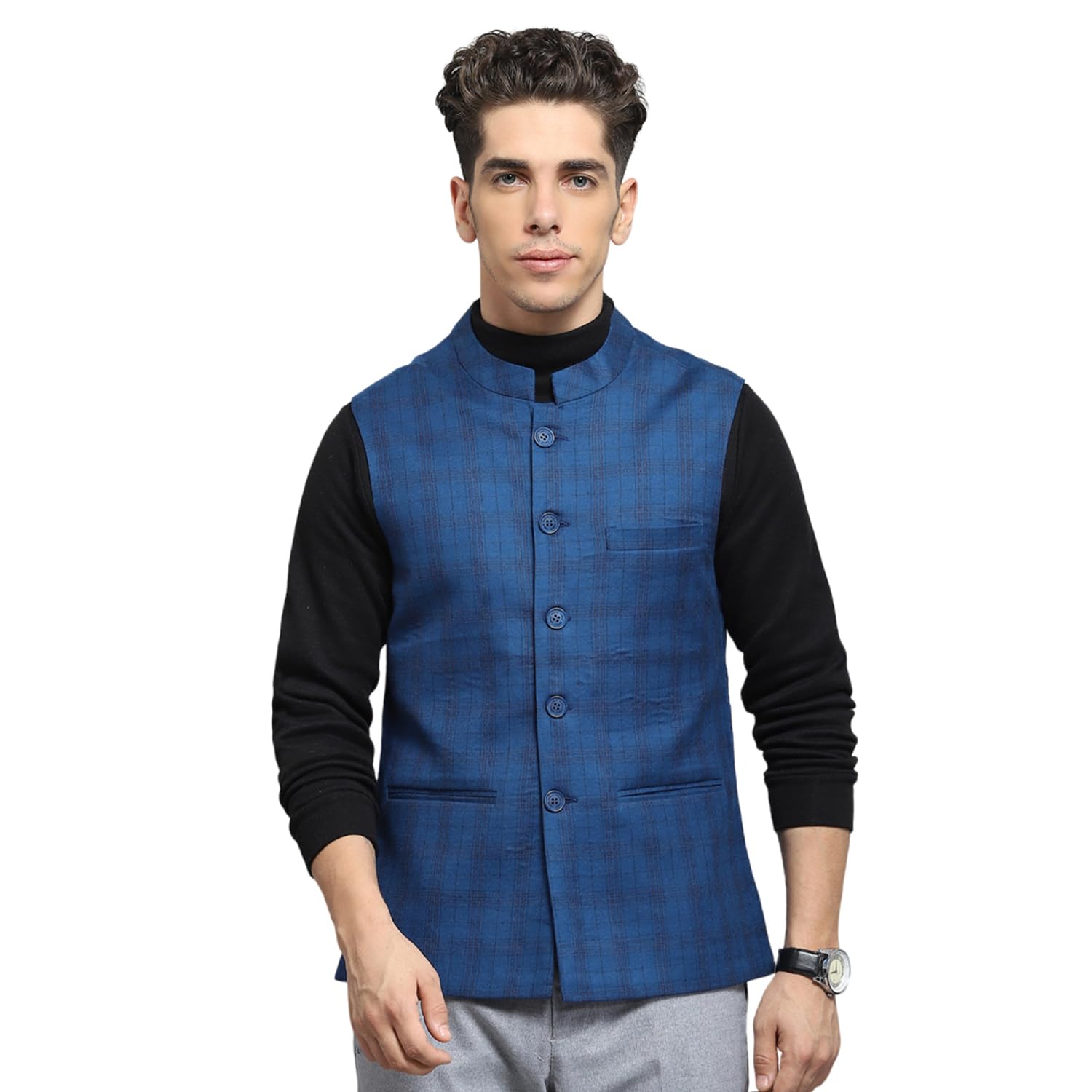 Mens Solid Black Band Neck Sleeveless Jacket_