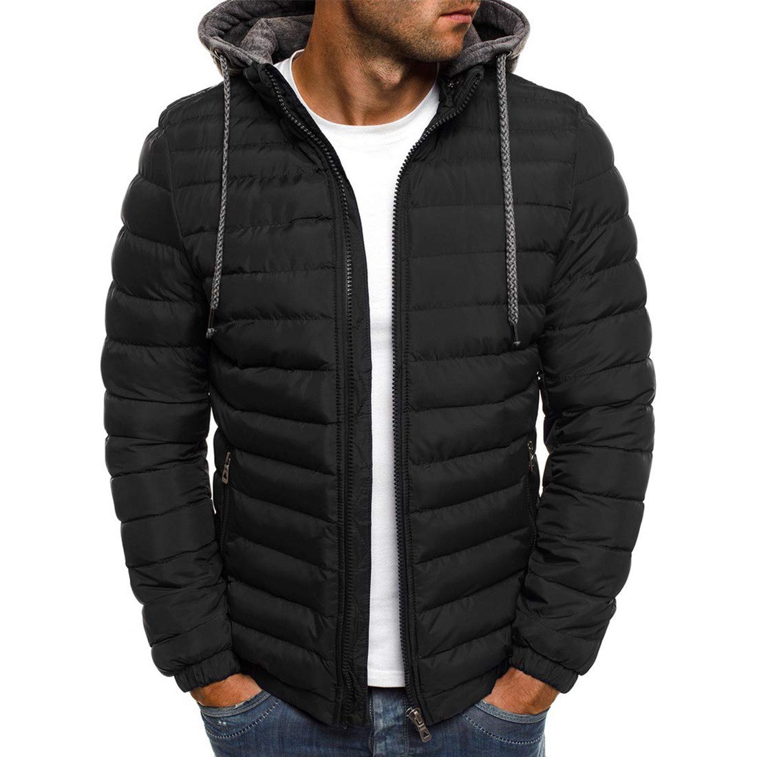 Heren warme dikke stof winter met capuchon volledige ritssluiting effen kleur gevoerd grote maat katoen jas met zakken jas jack en, De zwarte, M