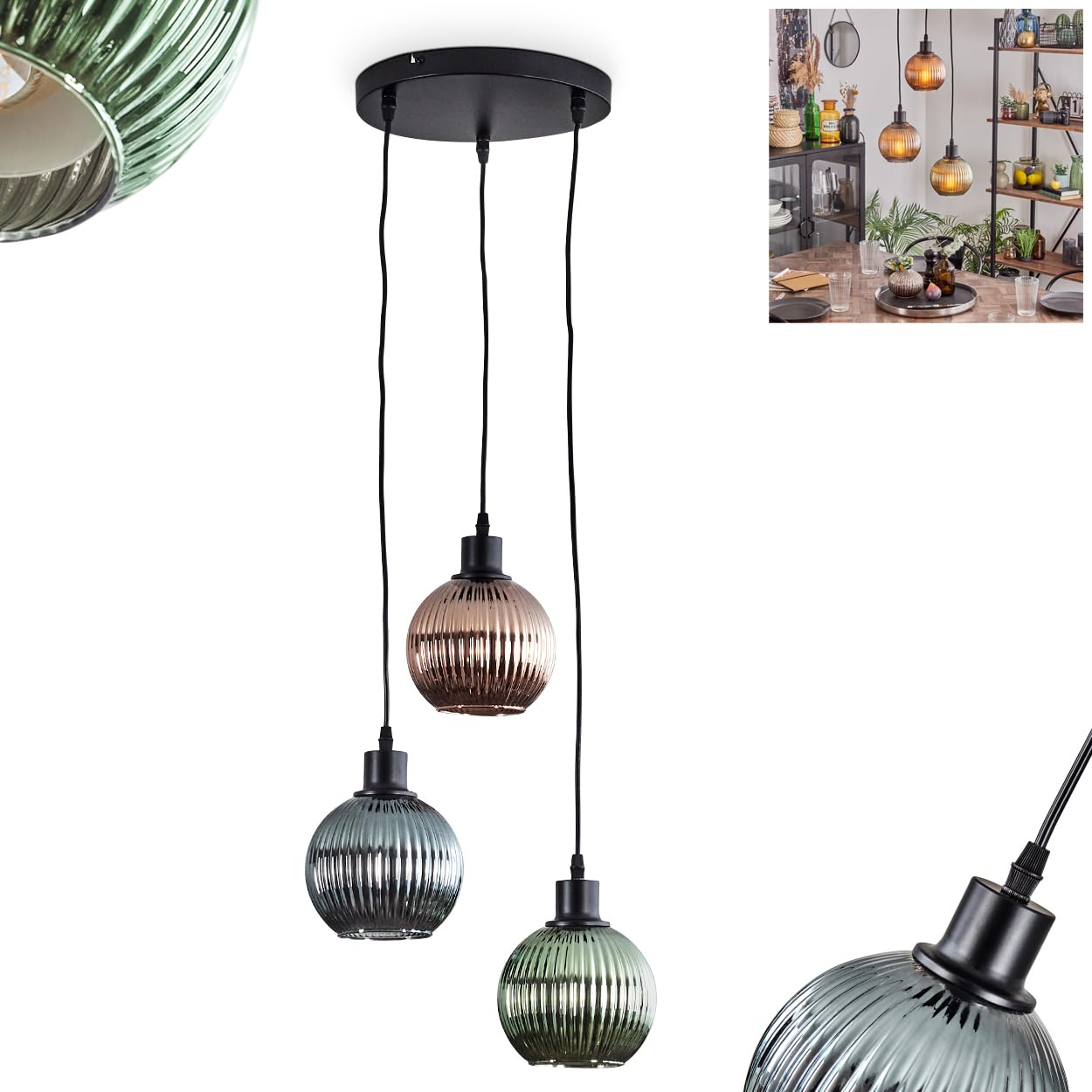 HOFSTEIN Hängeleuchte Mo, Hängelampe aus Metall/Riffelglas in Schwarz/Grün/Blau/Kupferfarben, Leuchte im modernen Vintage-Design mit Schirmen aus Glas, Höhe max. 119 cm, 3 x E27, ohne Leuchtmittel