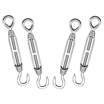 Turnbuckles Hook, Reedny 304 Stainless Steel Turnbuckle Heavy Duty M4 M6 M8 Hook and Eye Turnbuckle for Cables Wire Rope Tension 5/32 1/4 5/16 for Sun Shade Fence Tent Rope Installation(M4, 4Pcs)