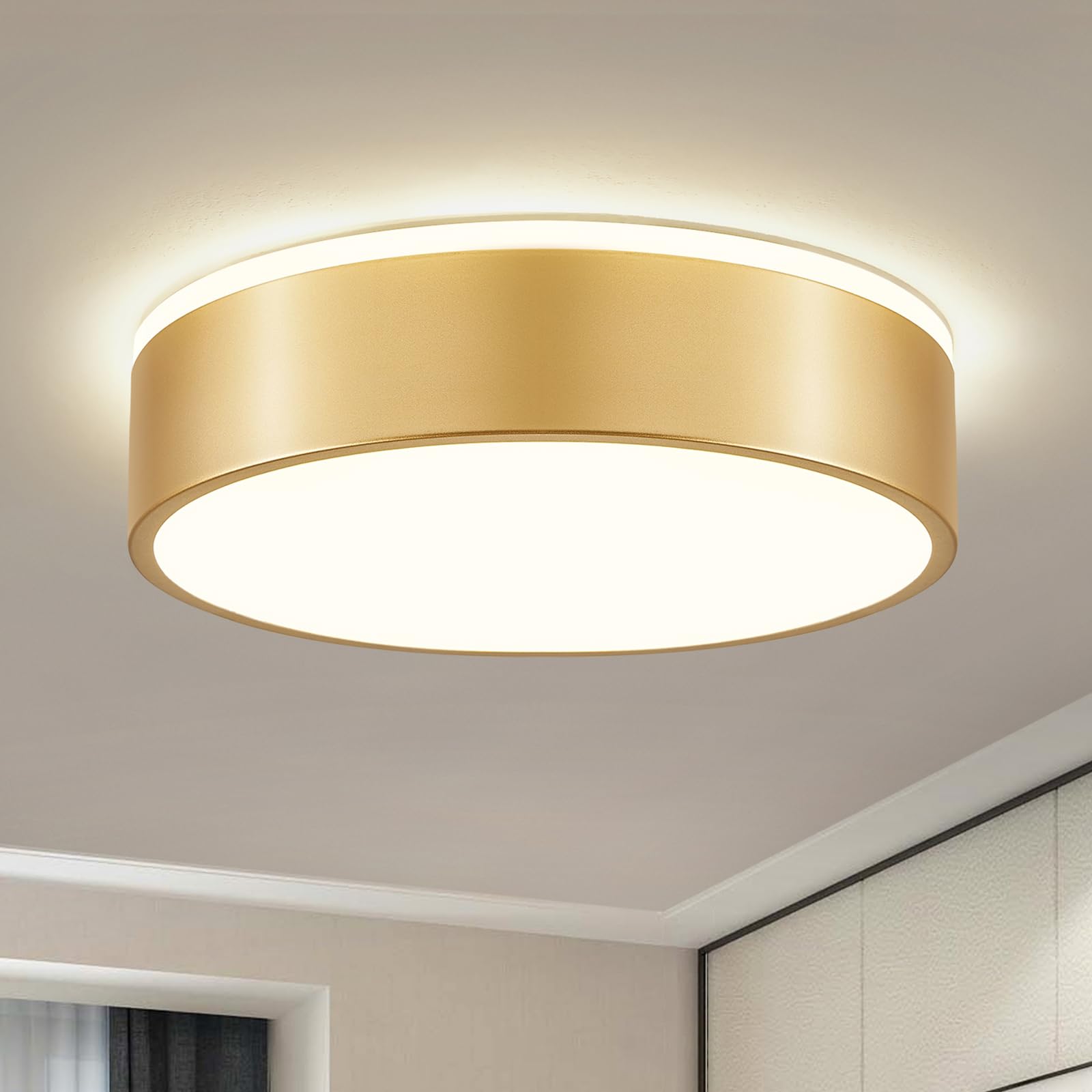 YURNYQ Dimmable Gold LED Flush Mount Ceiling Lights, Modern 5CCT 2700K-6000K Close to Ceiling Light, Minimalist Round Kitchen Lighting Fixtures for Bedroom Hallway Entryway Laundry Room, 11.8 Inch