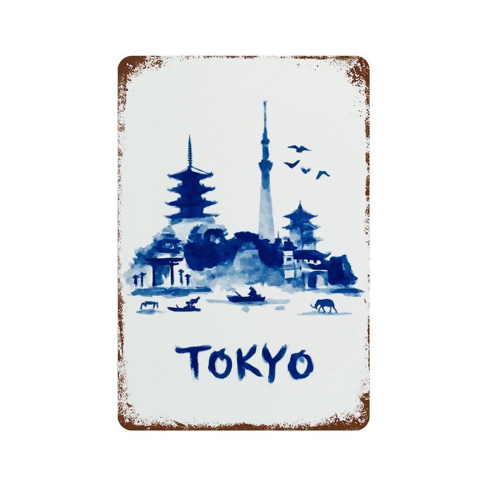 Tokyo Watercolor Skyline Vintage Rust Metal Sign 11.8"x7.9", for Patio, Garden Room And Bar Decor, Novelty Wall Decor