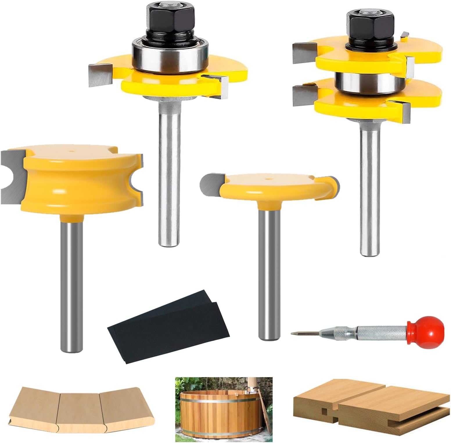 Tongue and Groove Router Bit Set, Flute & Bead Canoe Joint Router Bit Set, 3 Teeth T Shape Wood Milling Cutter, 1/4 Inch Shank