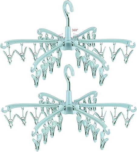Estante de secado plegable con 24 clips para secar calcetines, ropa de bebé, toallas de secado giratorias, 2 piezas (verde)