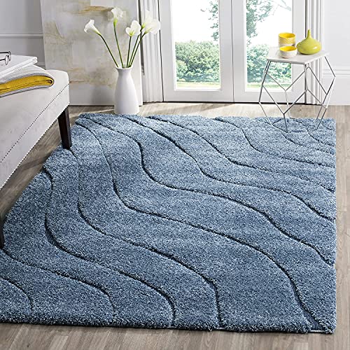 Image of Textured Wave Shaggy Rectangular Carpet For Living Room,Bedroom,High Low Design Finish Microfiber 1.8 Inch Pile High,4X6 Feet Sky Blue|Blue Color