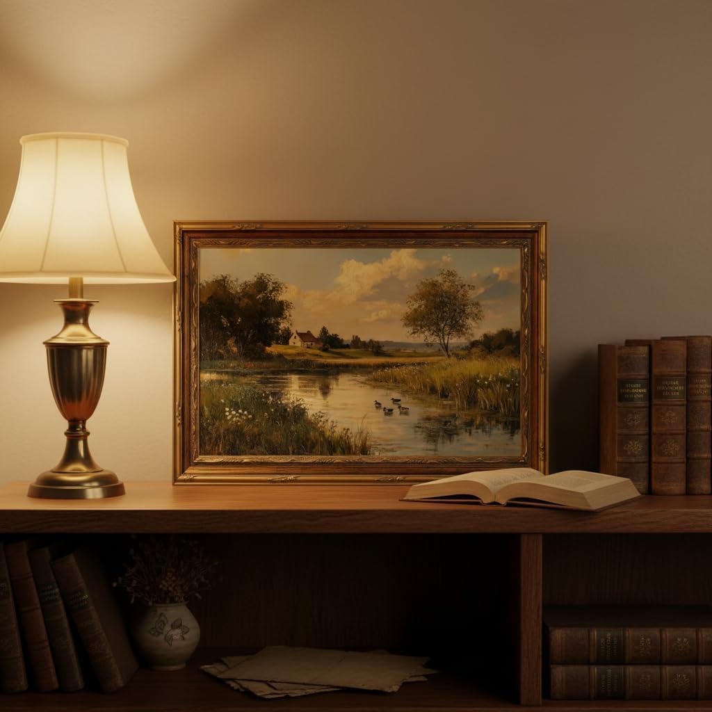 YVSRLX Framed Vintage Landscape Wall Art, Countryside Lake Scenery Canvas Painting with Retro Gold Carved Frame, Cottagecore Rustic Decor for Living Room Bedroom, Damage-Free Hook and Loop