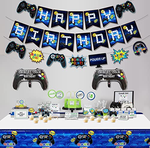 Video Game Party Supplies - Including 3 Happy Birthday Gaming Banners, 1 Tablecloth, 10 Cake Toppers, 36 Game Themed Balloons For Kids And Boys Birthday Party Decorations #TOP3