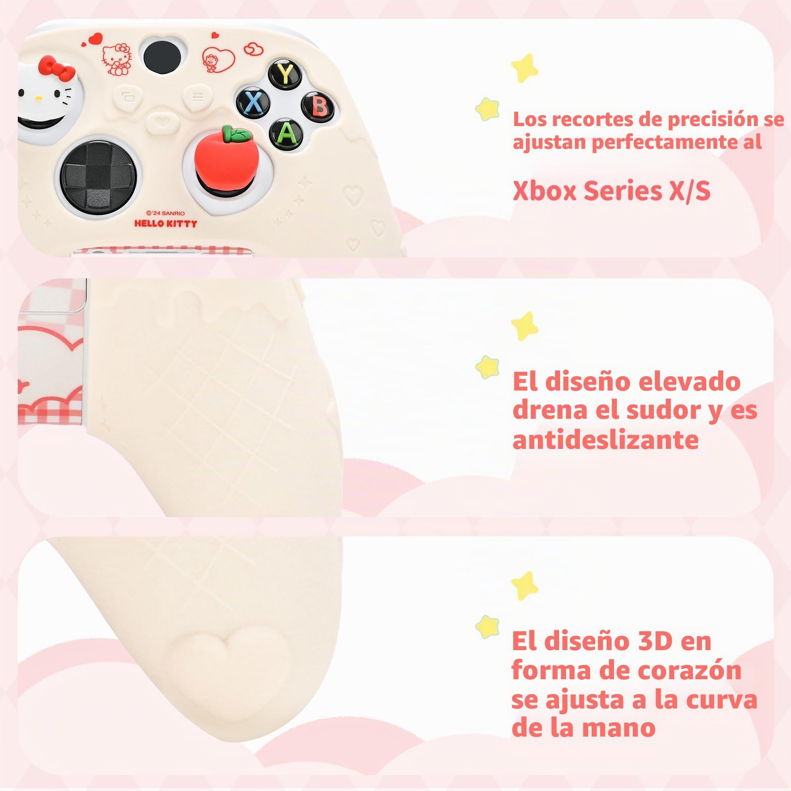 Kuitmor Funda protectora antideslizante de silicona suave compatible con mando de Xbox con 2 tapas de agarre para el pulgar y 1 adhesivo (beige Hello Kitty)