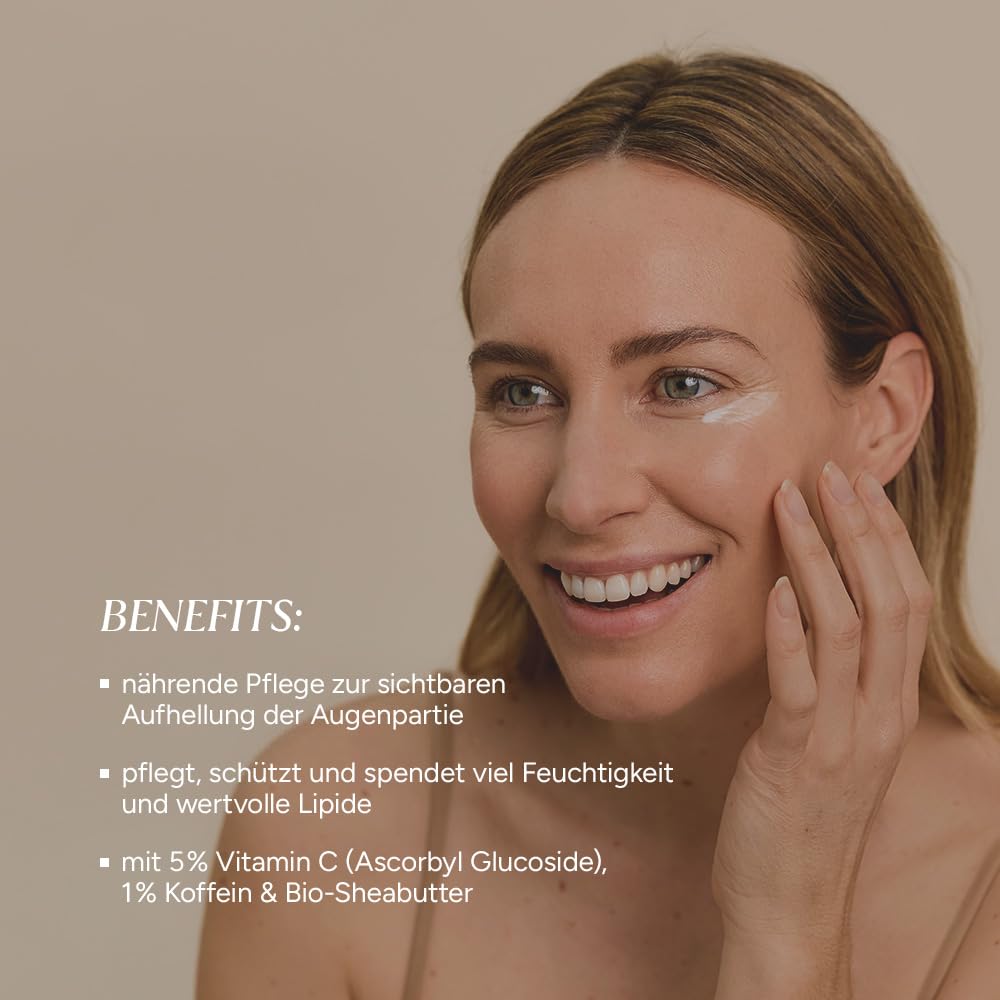 JUNGLÜCK Crema de ojos con vitamina C – Cuidado de ojos antienvejecimiento contra ojeras y sombras oscuras – Tratamiento hidratante antifatiga con cafeína para aclarar visiblemente el contorno de los