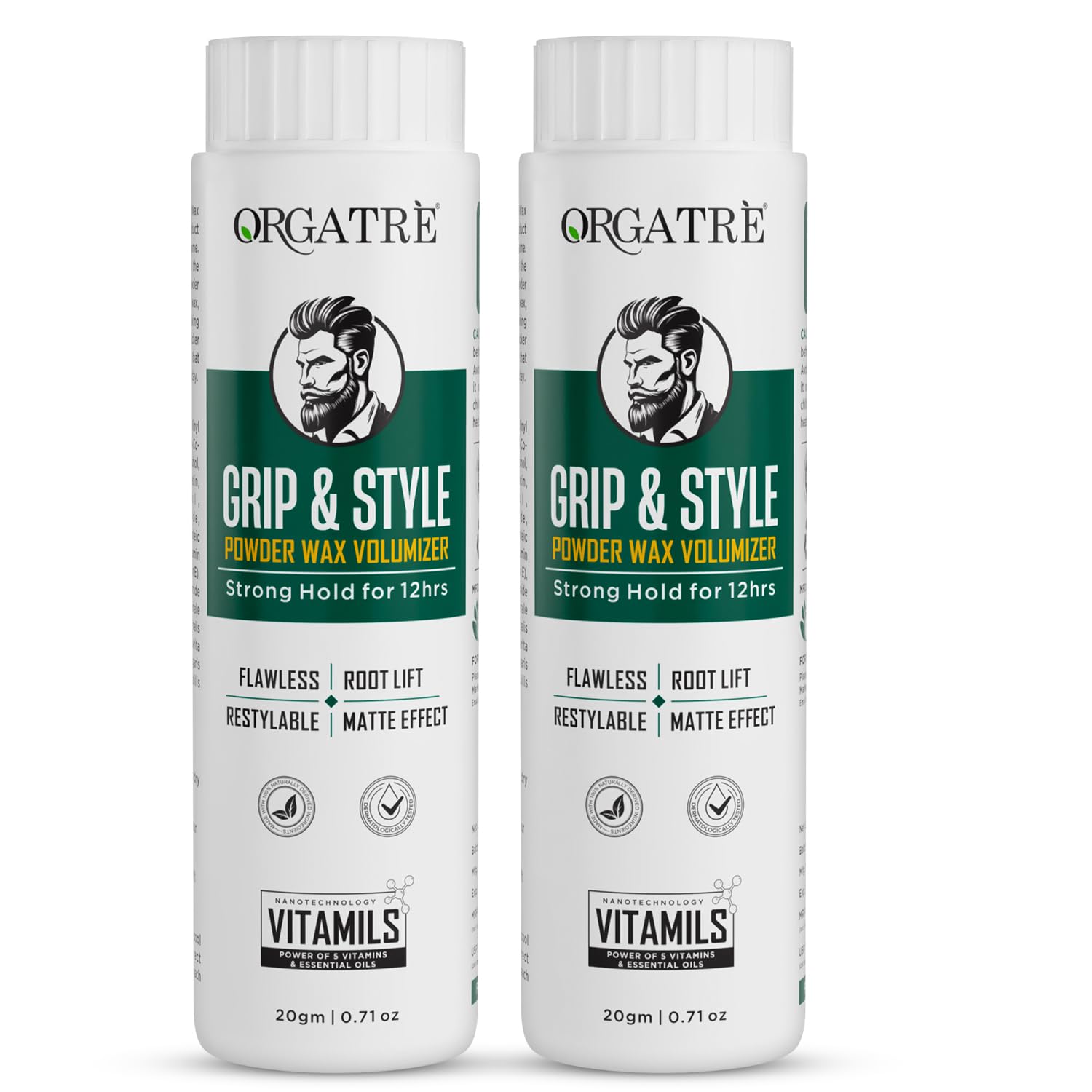 ORGATRE Grip & Style Hair Volumizing Powder | Strong Hold up to 12 Hrs | Matte Finish Hair Wax Powder for Men | Safe Hair Fiber Powder Wax | Hair Styling Powder for Men | 20 gm (Pack of 2)