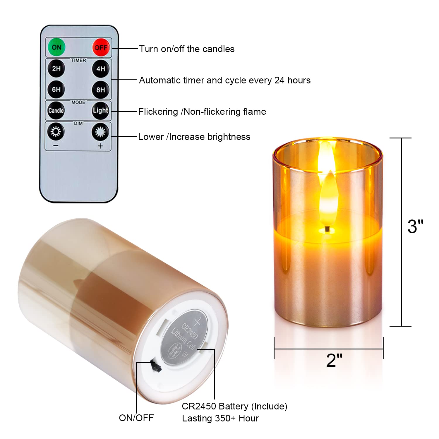 Homemory Glass Flameless Votive Candles with Timer Remote, 350+Hour Lasting Battery Operated Led Candles, 2" x 3" Real Wax 3D Wick for Festival Wedding Home Decor (6Pack, Gold)