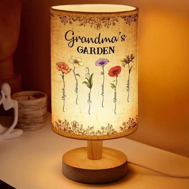 Personalized Fabric Lamp - Gift for Grandma's Garden Birth Flower - Sentimental Birthday Christmas Mothers Day Gift for Grandma Nana from Granddaughter Grandson - Birth Month Wildflowers Garden
