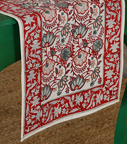 Image of Ravaiyaa - Attitude is Everything Hand Block Printed Cotton Table Runner | Floral Printed Table Runner for Home Decor, Kitchen | 60 x 16 Inch-(Grey Red Floral)