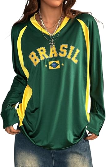 Brazil Jersey Shirts Y2k Oversized Tshirts Graphic Long Sleeve V Neck Summer Tops 2000s 90s Streetwear